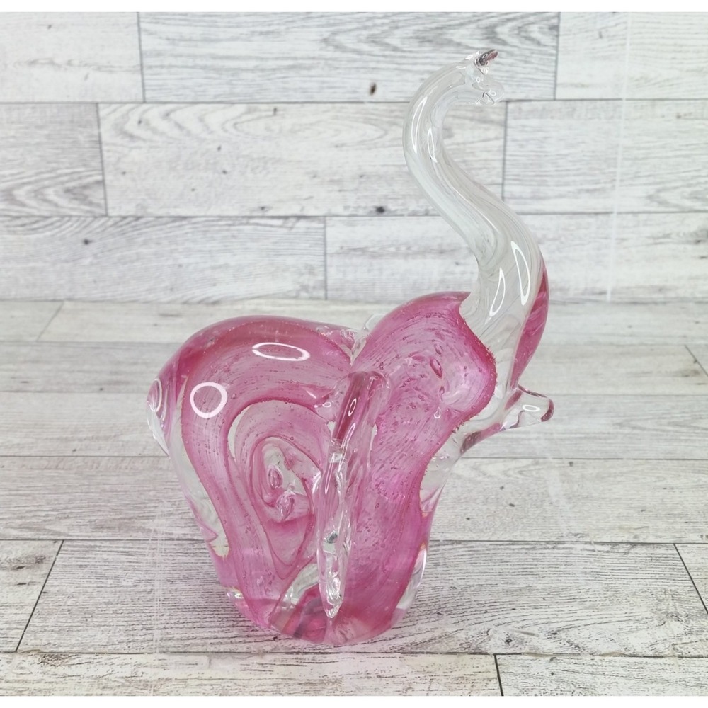 Gea Art Glass Pink Elephant Figure Trunk Up Mint 6.5" Figurine Vintage